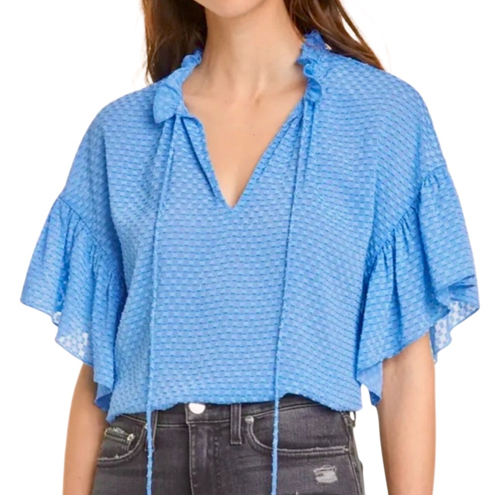 ALICE + OLIVIA Julius Ruffle Peasant Blouse Blue Top Solid Swiss
Dot‎ Ties - Picture 4 of 16